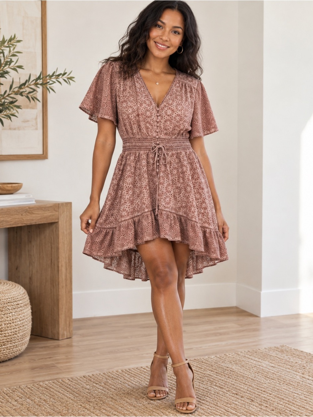 Young Fabulous & Broke Mauve Eyelet High Low Mini Dress Size M